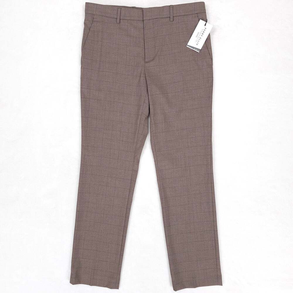Perry Ellis Mens Slim Fit Dress Pants 32x30 Brown Windowpane Plaid Stretch NWT